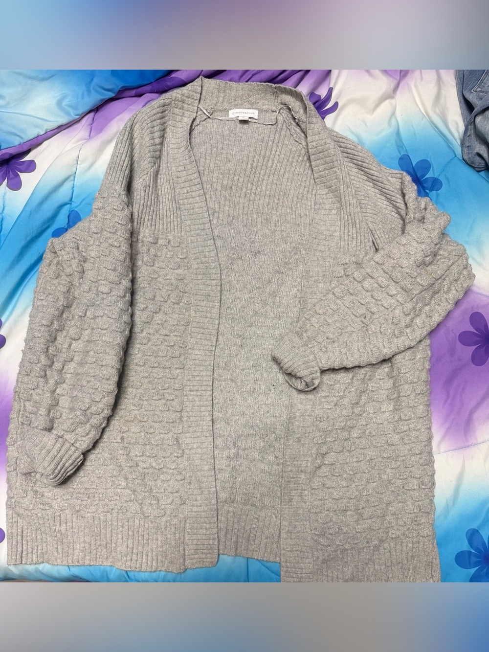Charter Club Light Gray Textured Open-Front Cardigan